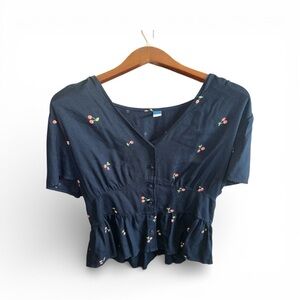 Old Navy Dark Navy Blue Top with Retro Buttons & 50s Cherry Pattern Blouse Shirt